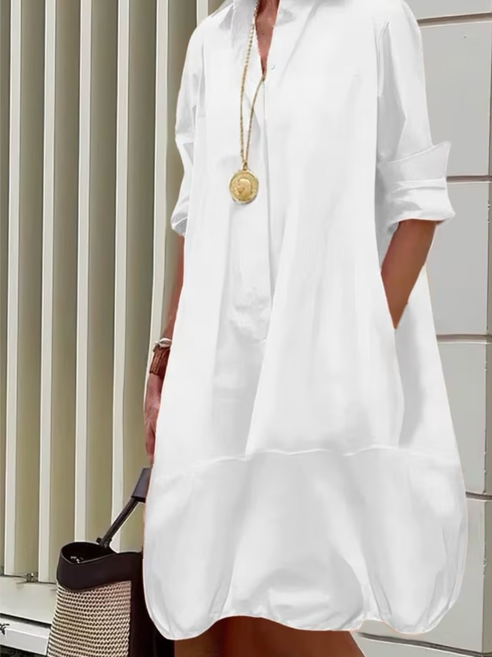 White Button-Front Balloon Hem Shirt Dress
